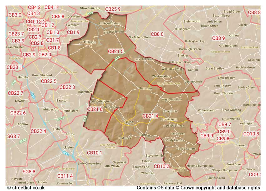 map showing postcode sectors within the CB21 district