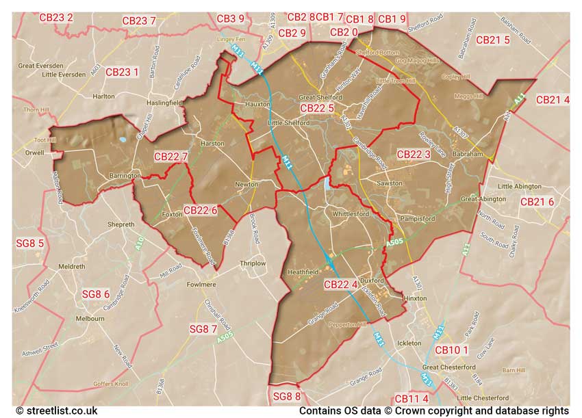 map showing postcode sectors within the CB22 district