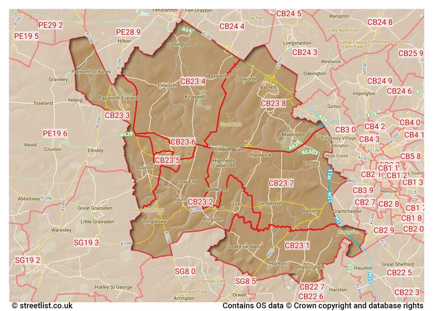 map showing postcode sectors within the CB23 district