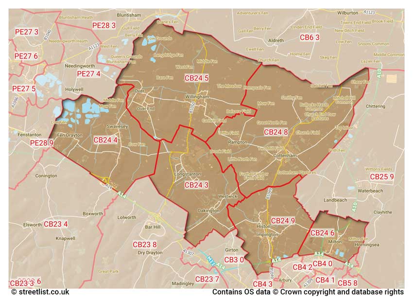 map showing postcode sectors within the CB24 district