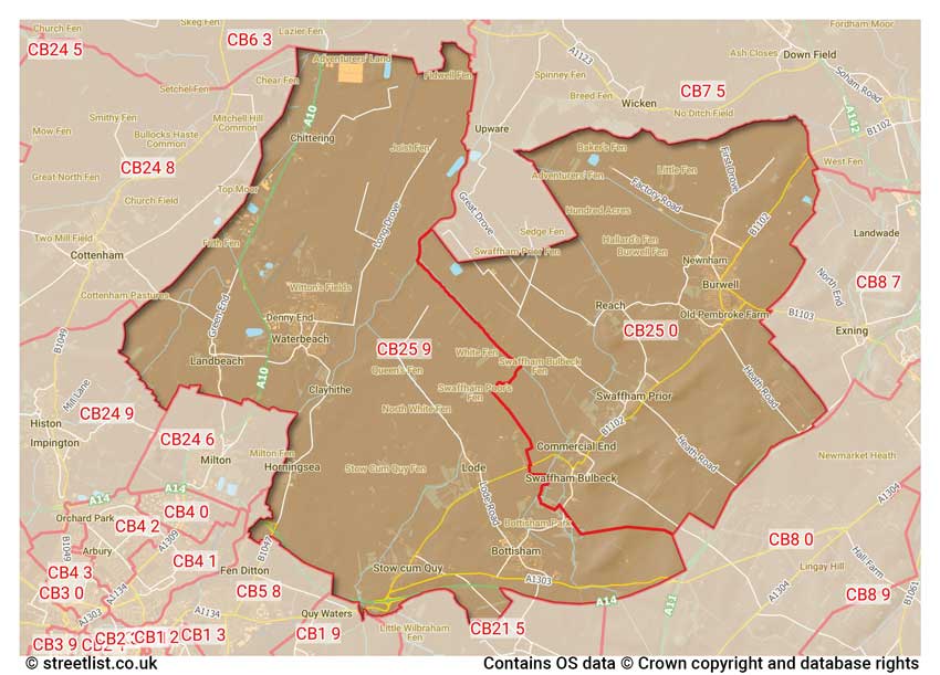 map showing postcode sectors within the CB25 district