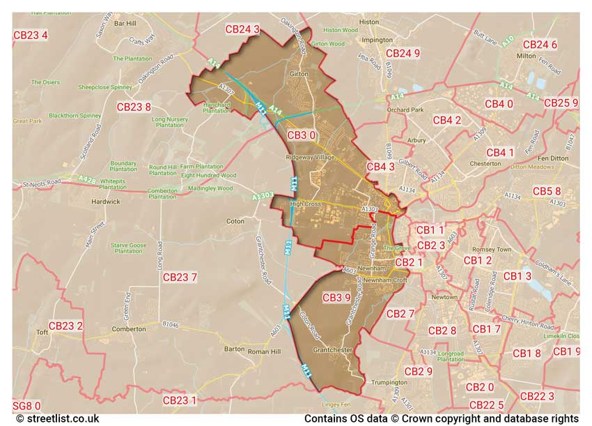 map showing postcode sectors within the CB3 district