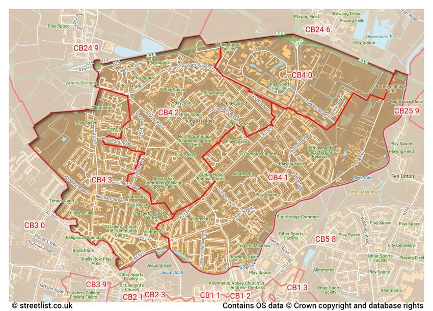 map showing postcode sectors within the CB4 district