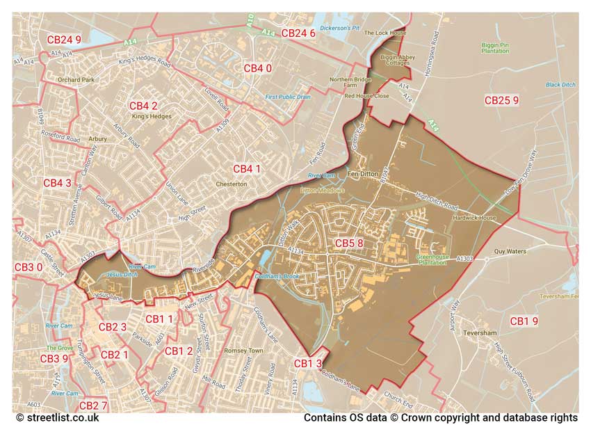 map showing postcode sectors within the CB5 district