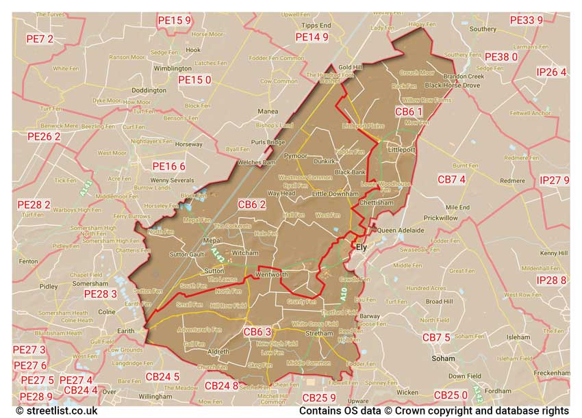 map showing postcode sectors within the CB6 district