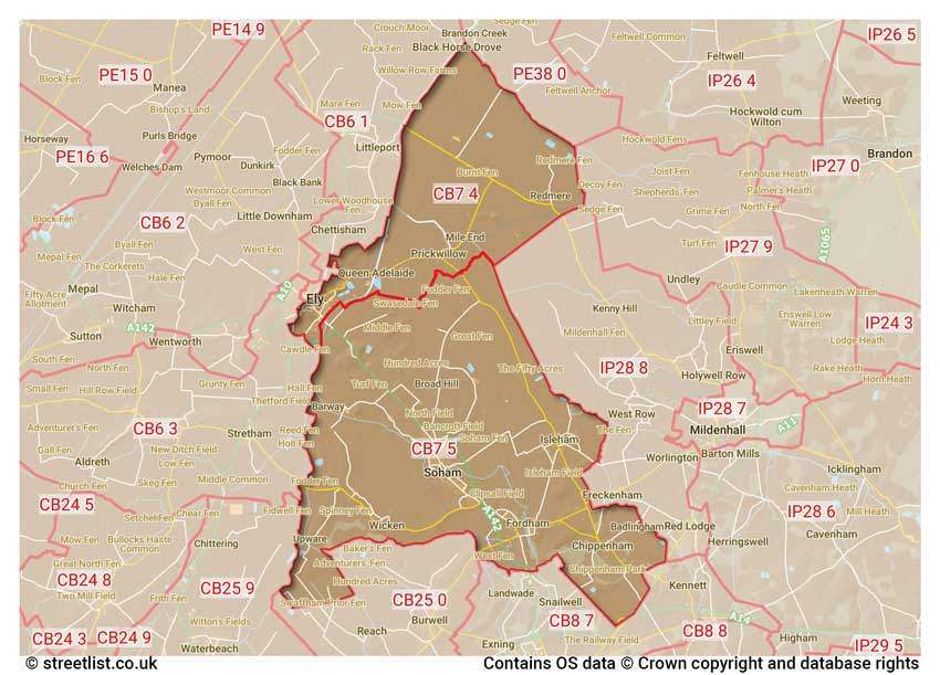 map showing postcode sectors within the CB7 district