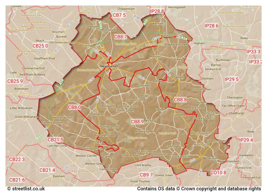 map showing postcode sectors within the CB8 district