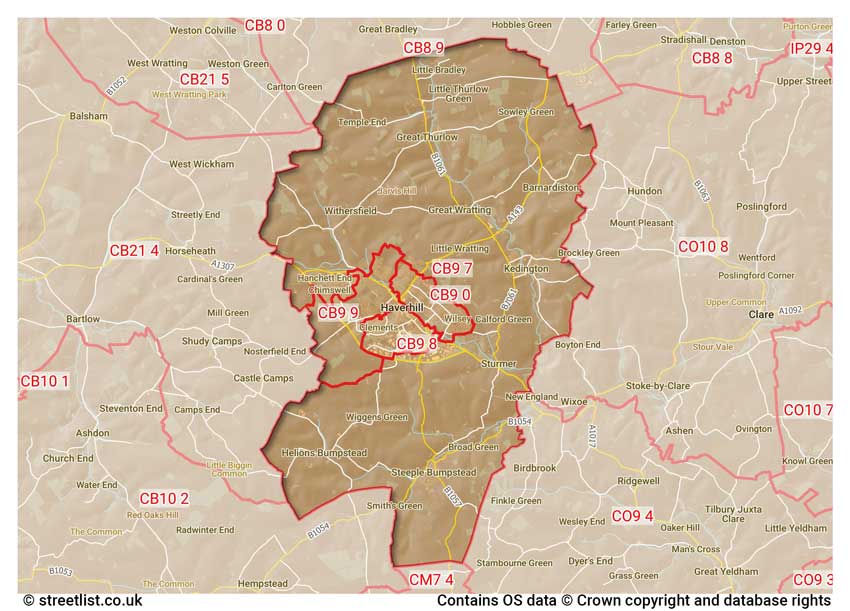 map showing postcode sectors within the CB9 district