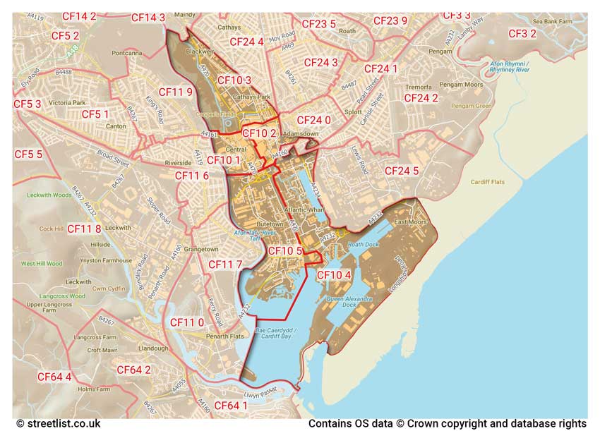 map showing postcode sectors within the CF10 district