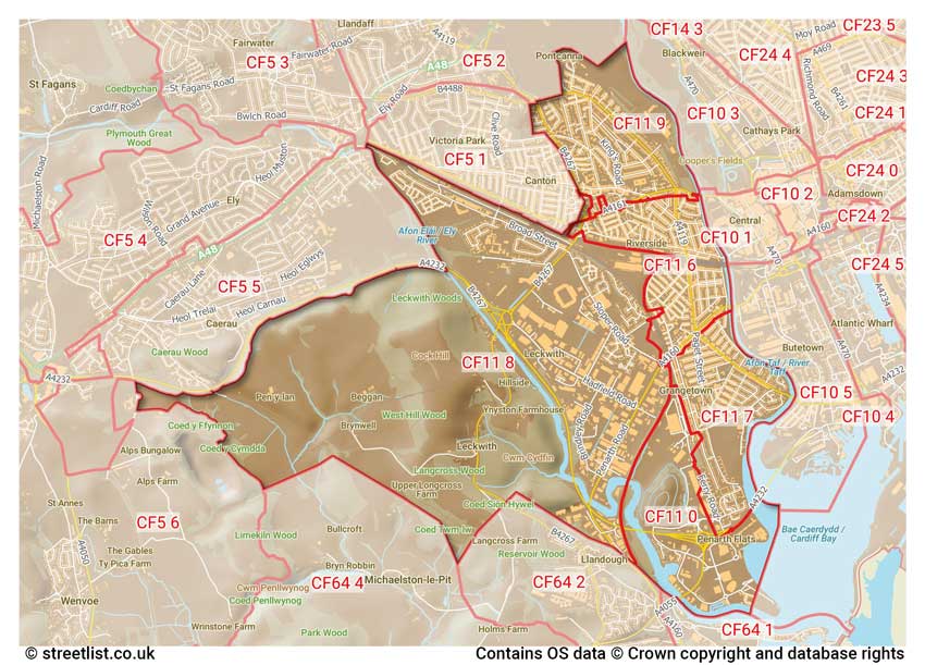 map showing postcode sectors within the CF11 district