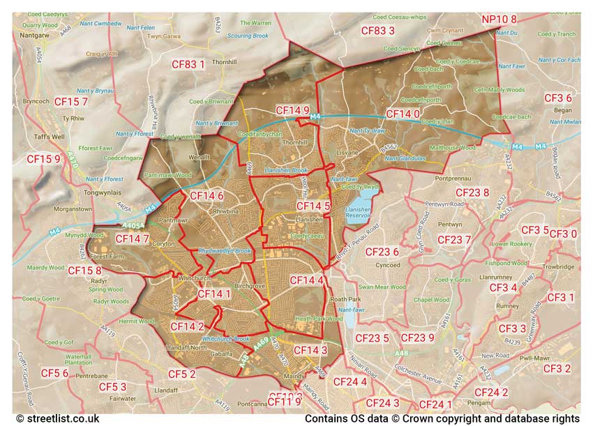 map showing postcode sectors within the CF14 district