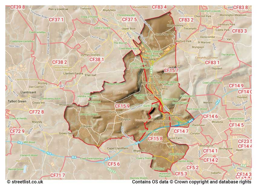 map showing postcode sectors within the CF15 district