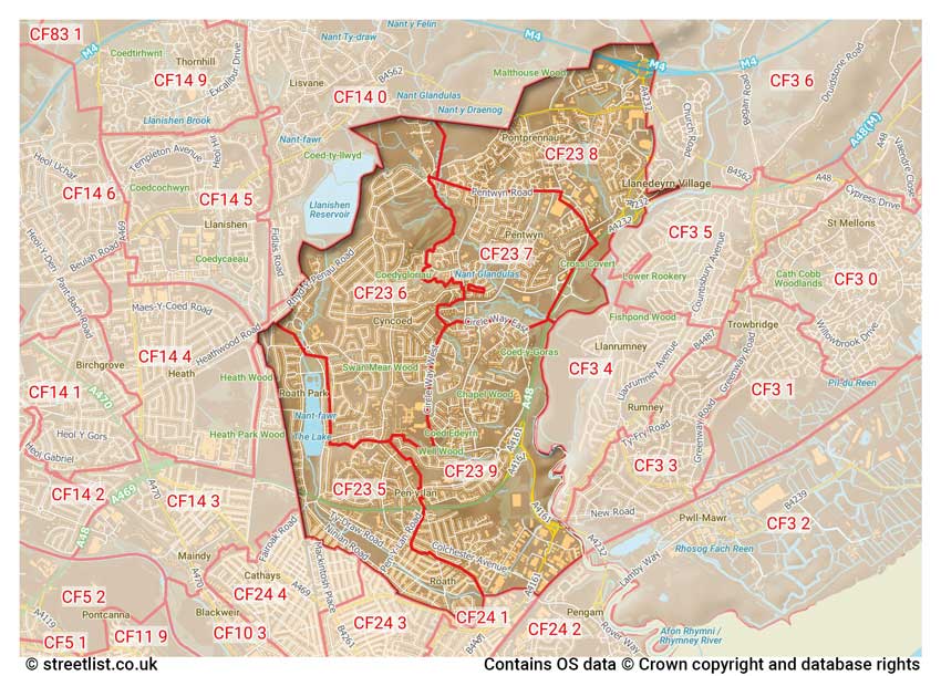 map showing postcode sectors within the CF23 district