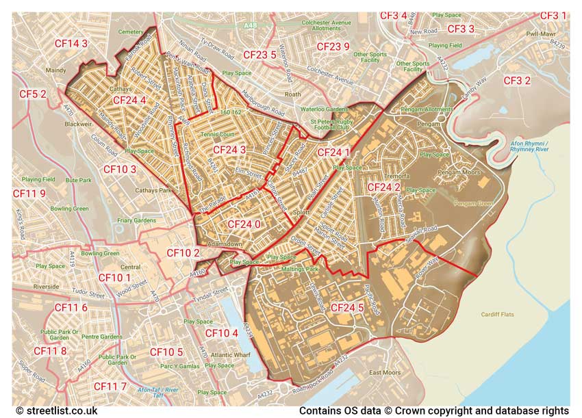 map showing postcode sectors within the CF24 district