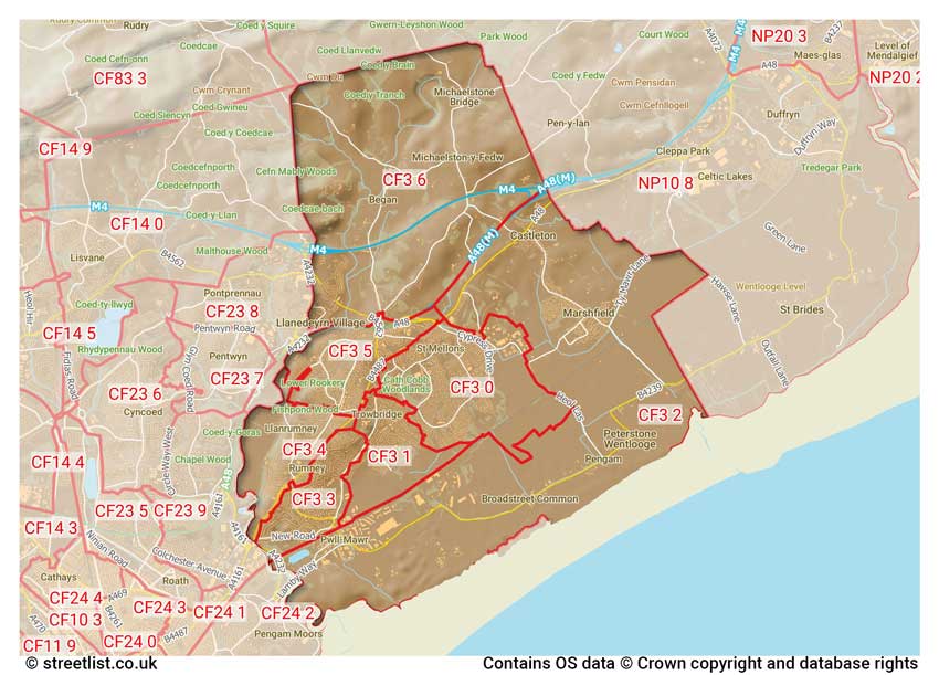 map showing postcode sectors within the CF3 district