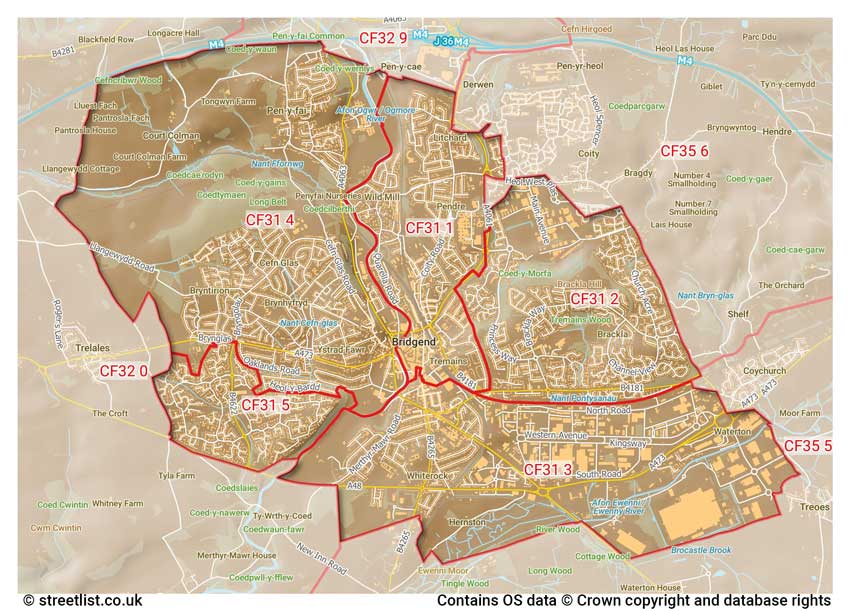 map showing postcode sectors within the CF31 district