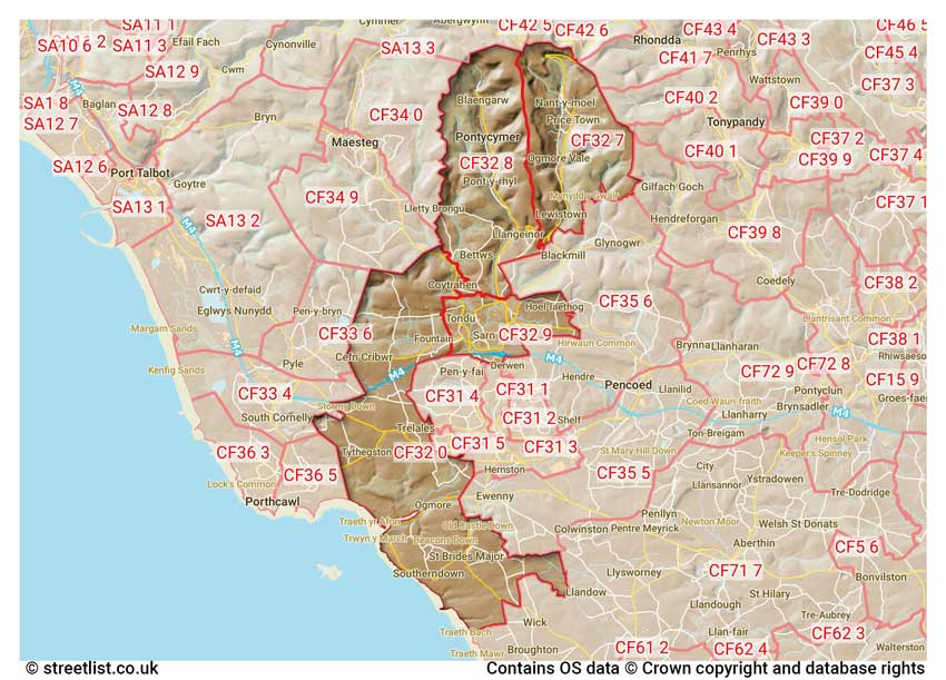 map showing postcode sectors within the CF32 district