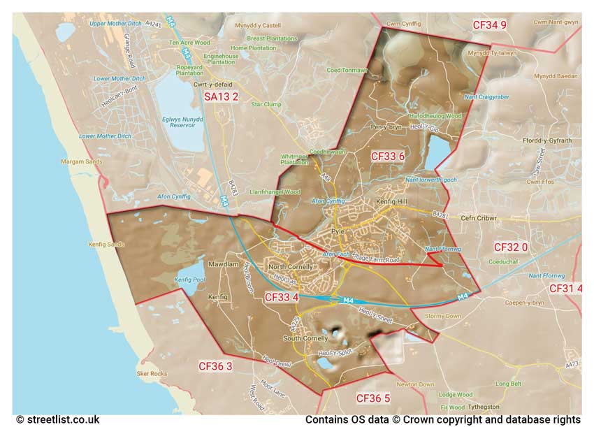 map showing postcode sectors within the CF33 district