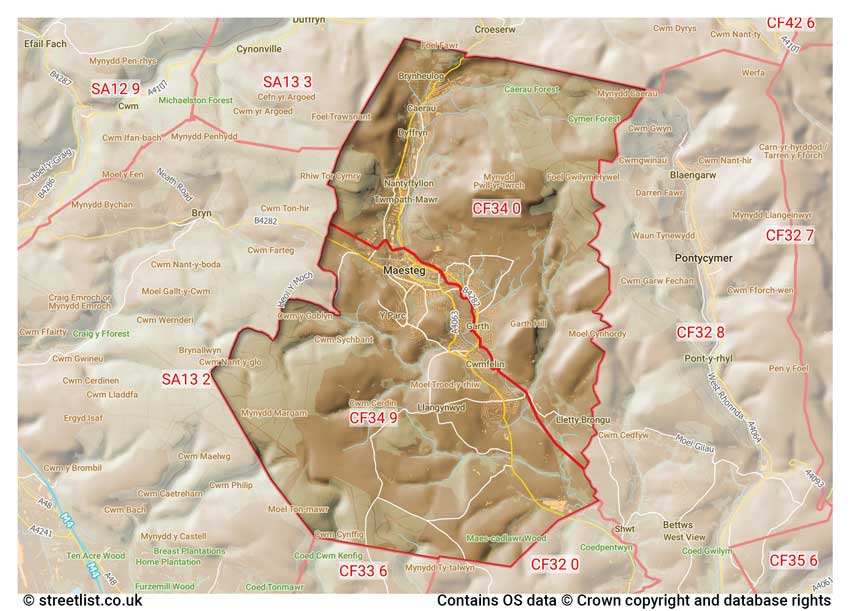 map showing postcode sectors within the CF34 district