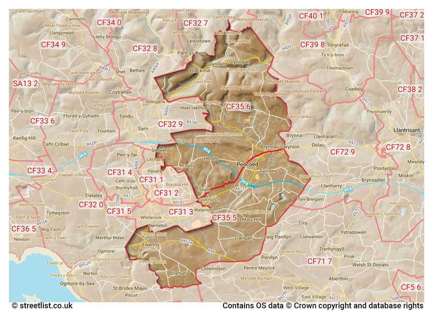 map showing postcode sectors within the CF35 district