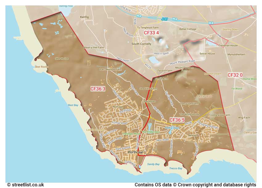 map showing postcode sectors within the CF36 district