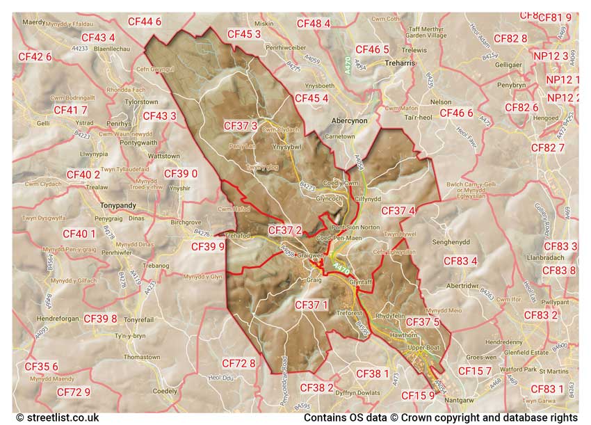 map showing postcode sectors within the CF37 district