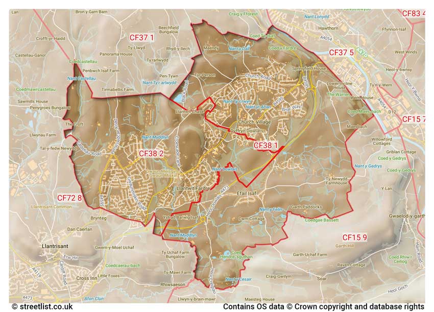 map showing postcode sectors within the CF38 district