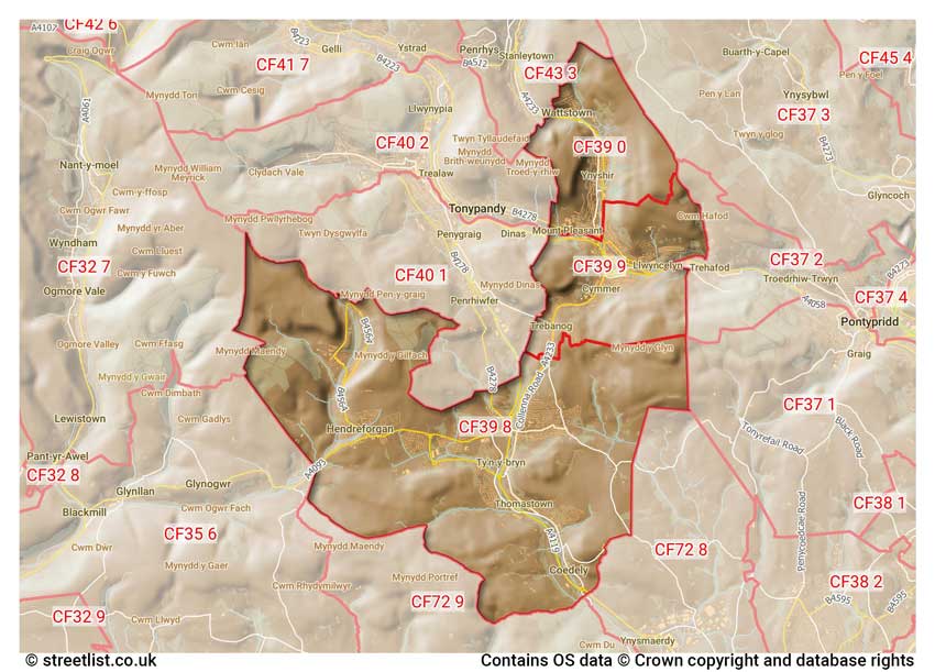 map showing postcode sectors within the CF39 district