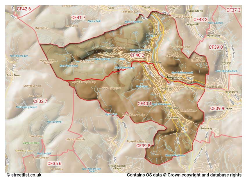 map showing postcode sectors within the CF40 district