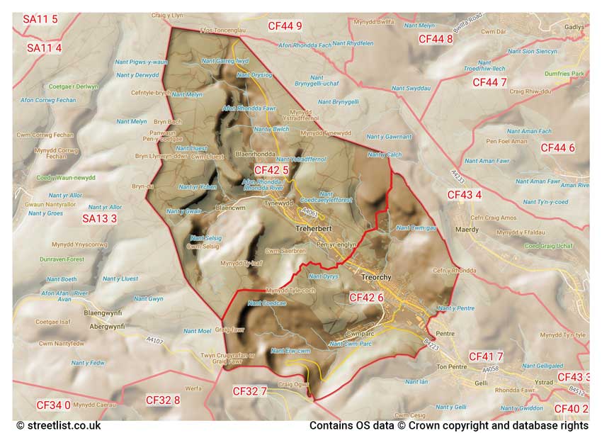 map showing postcode sectors within the CF42 district