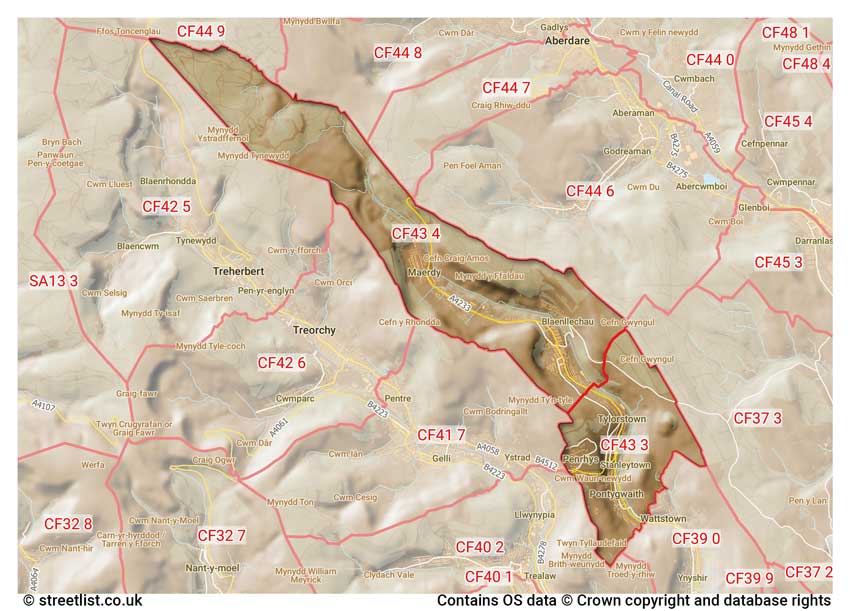 map showing postcode sectors within the CF43 district