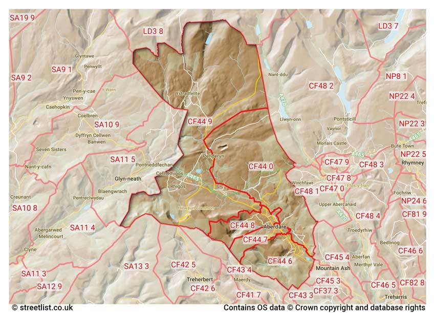 map showing postcode sectors within the CF44 district