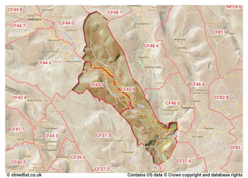 map showing postcode sectors within the CF45 district