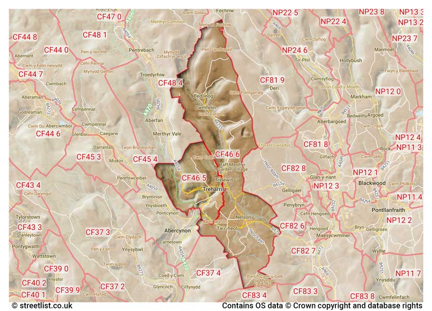 map showing postcode sectors within the CF46 district