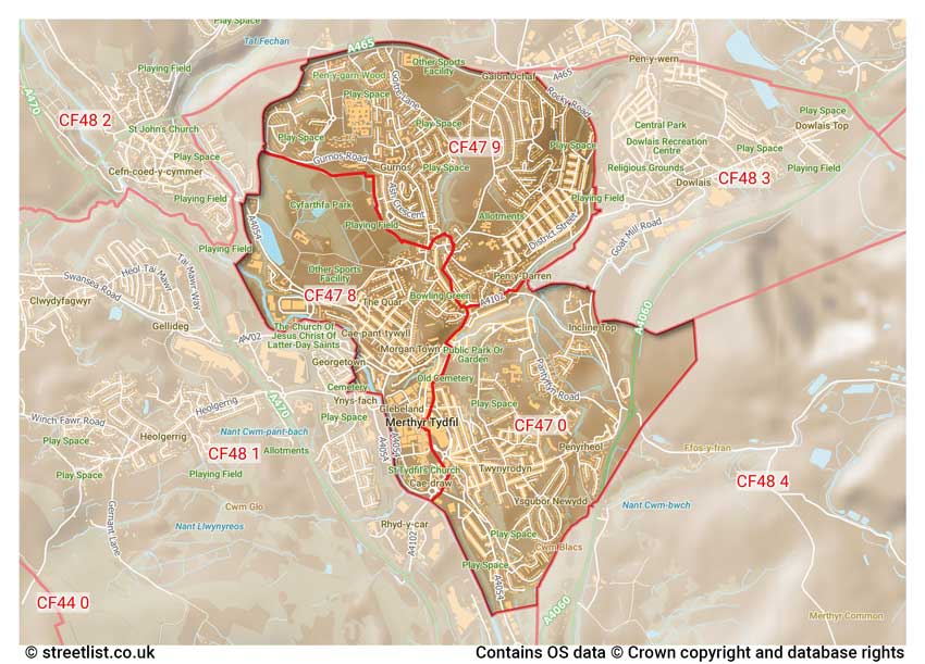 map showing postcode sectors within the CF47 district