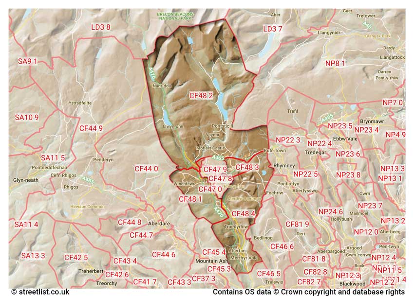 map showing postcode sectors within the CF48 district