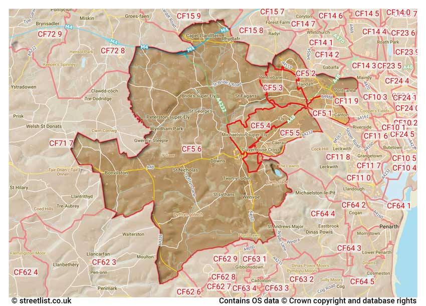 map showing postcode sectors within the CF5 district