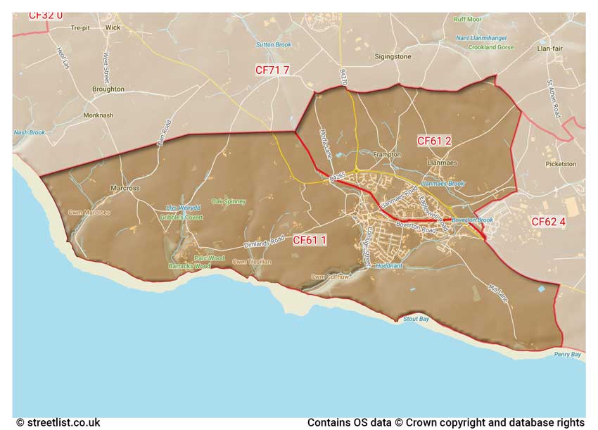 map showing postcode sectors within the CF61 district