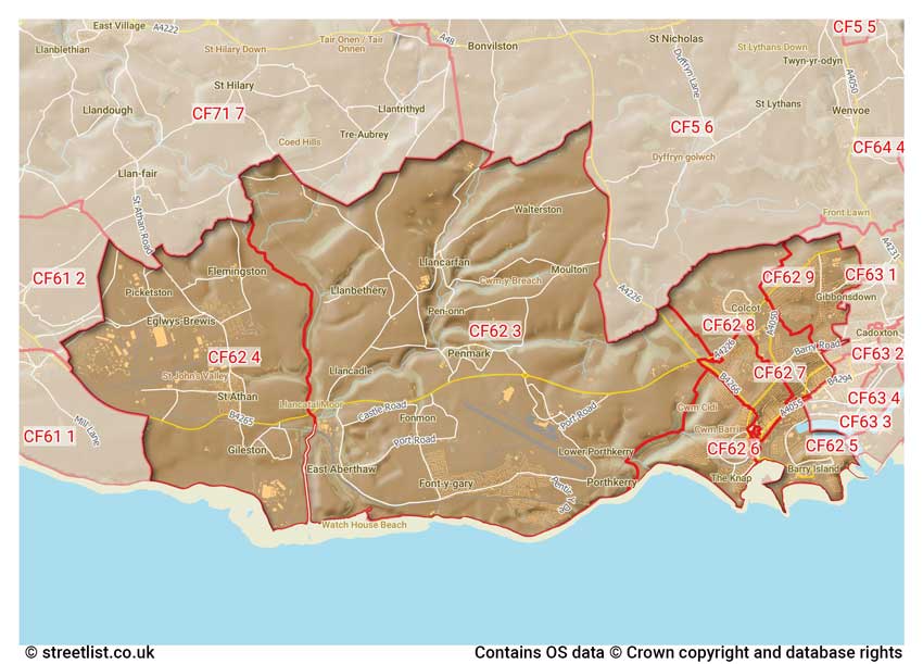 map showing postcode sectors within the CF62 district