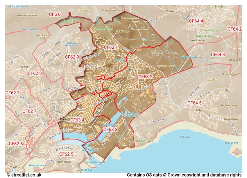 map showing postcode sectors within the CF63 district