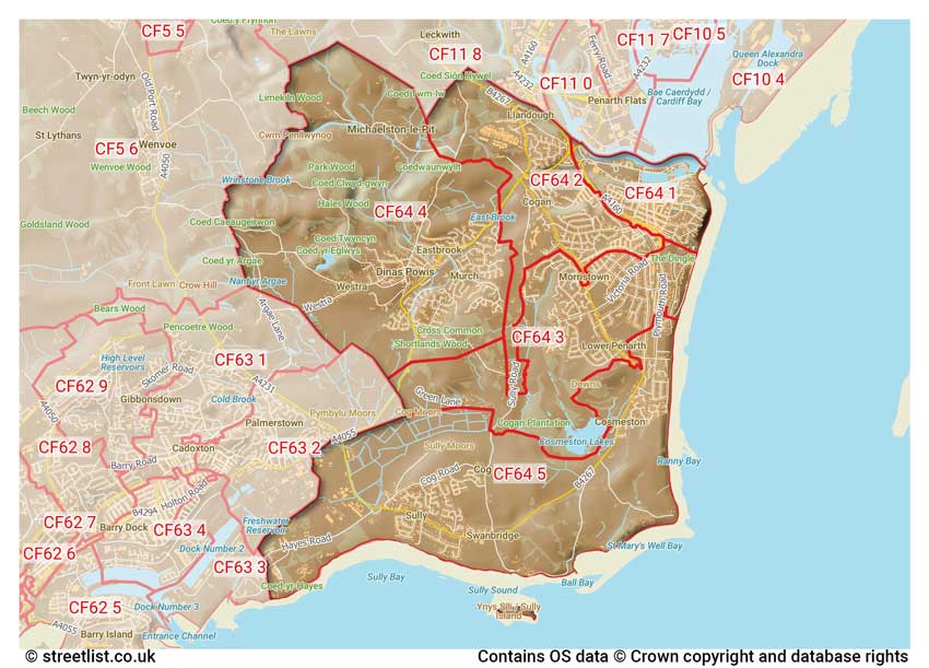 map showing postcode sectors within the CF64 district