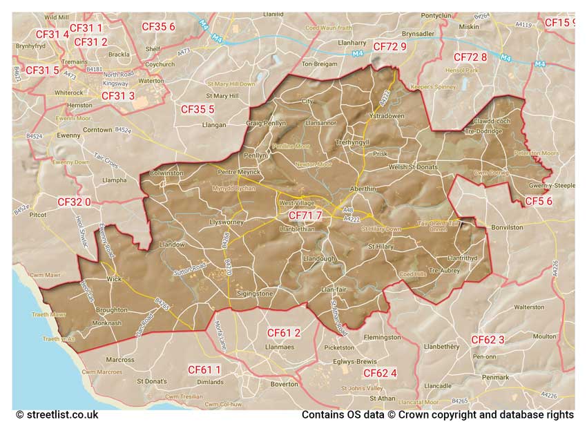 map showing postcode sectors within the CF71 district