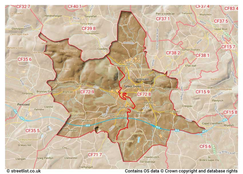 map showing postcode sectors within the CF72 district