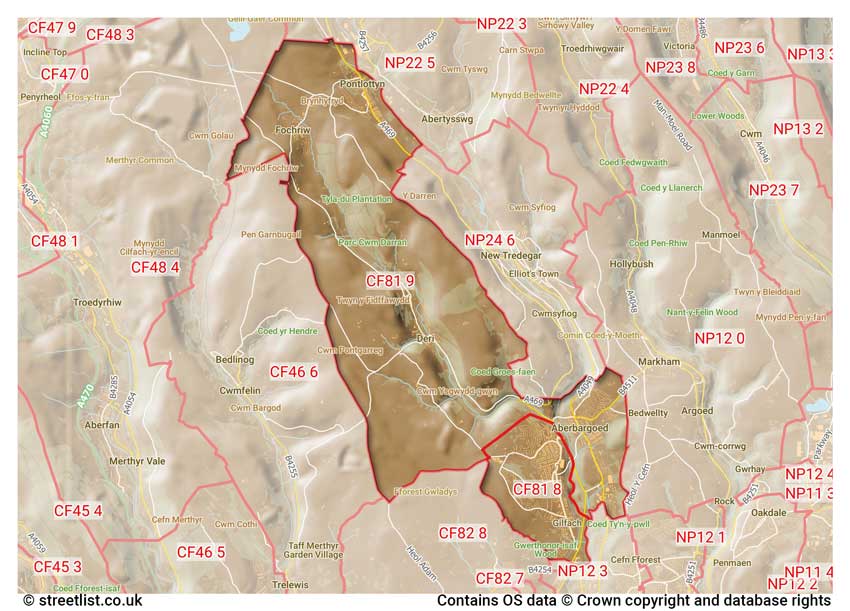 map showing postcode sectors within the CF81 district