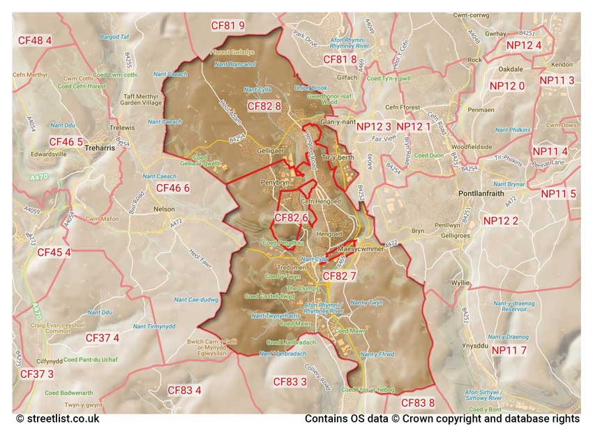 map showing postcode sectors within the CF82 district