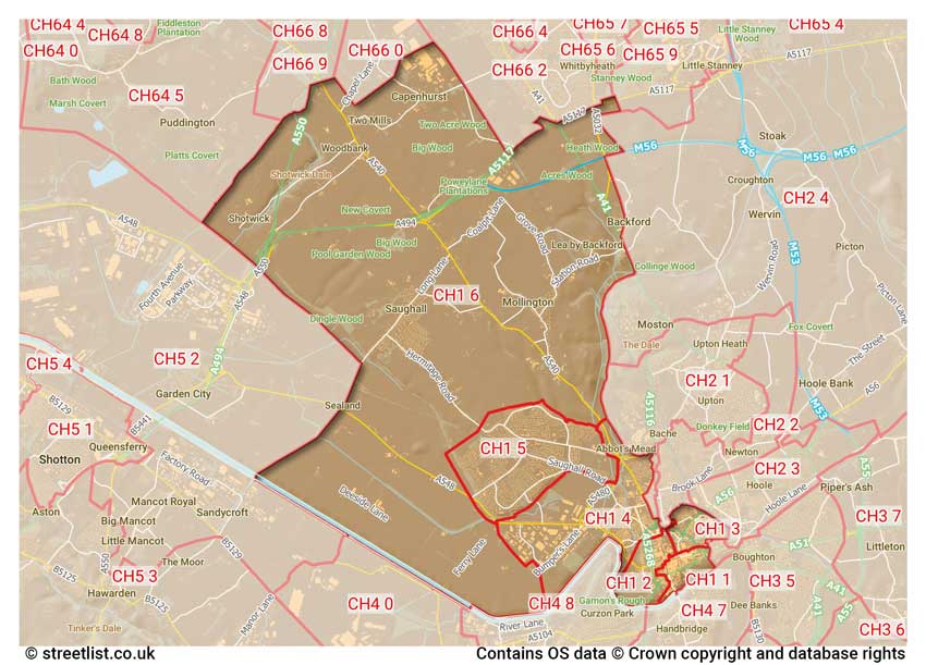 map showing postcode sectors within the CH1 district