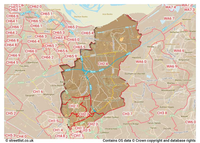 map showing postcode sectors within the CH2 district