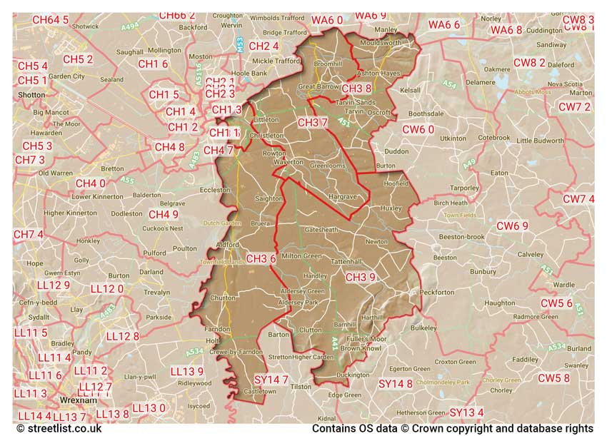 map showing postcode sectors within the CH3 district