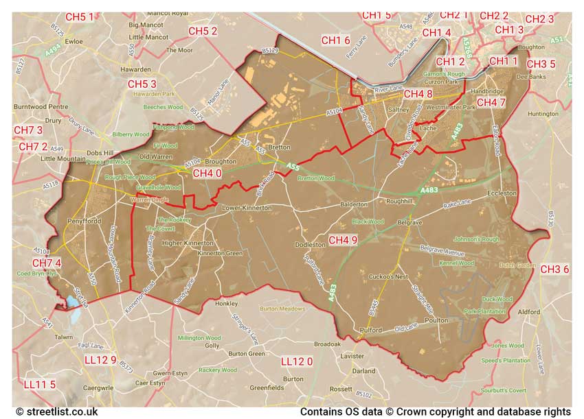 map showing postcode sectors within the CH4 district