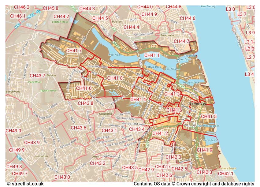 map showing postcode sectors within the CH41 district